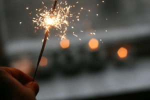 Sparkler A hand holding a lit sparkler that has a sparkly flame.