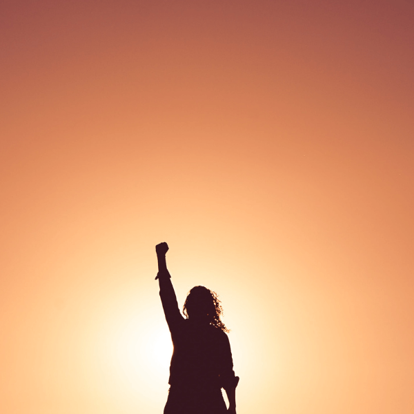 The silhouette of a woman holding up a power fist in front of an orange and yellow background.