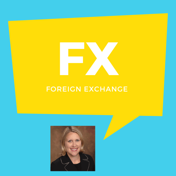 A headshot of Lori Novak with a speech bubble that reads "FX: Foreign Exchange"