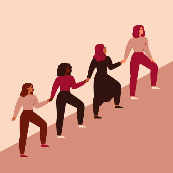 An illustration of 4 women holding hands as they ascend a mountain together.