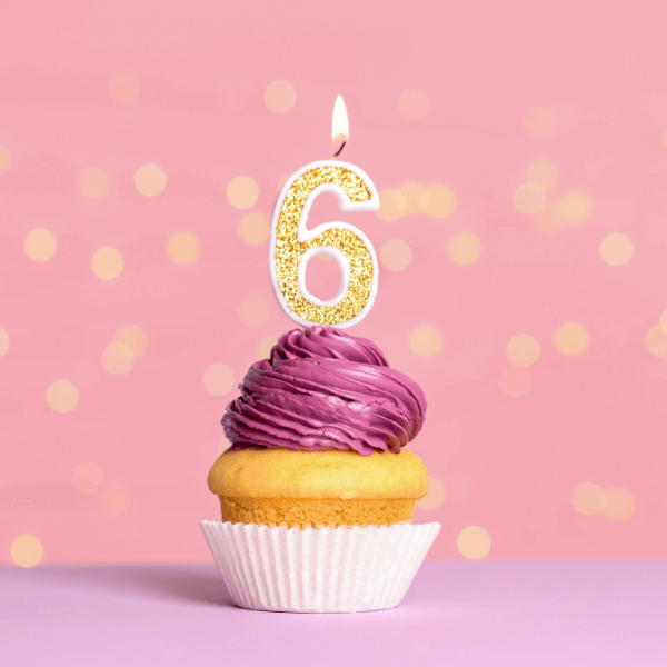 A vanilla cupcake with pink frosting in a white cupcake liner against a pink wall with gold confetti around it. A number 6 candle is lit and placed on the cupcake. The foreground of the photo is lavender.