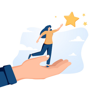 An illustration of a woman reaching for several stars in the sky. She stands in the hand of another person. All we see of the other person is their hand and shirt sleeve. They are in front of a blue background. 