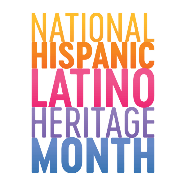 The text 'National Hispanic Latino Heritage Month' is written with one word on top of the next. The colors of each word are yellow, orange, pink, purple, and blue in that order.