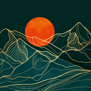 An illustration of a yellow outlined moutain range in front of a turquoise background. An orange circular sun is above the mountains, in front fo a navy blue sky. 