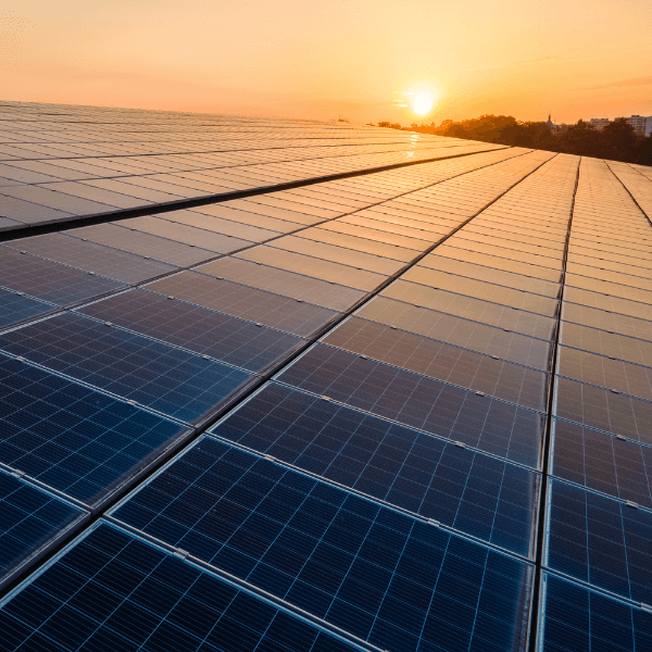 Solar panels against a sunset background