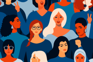 Illustration of many different women wearing different shades of blue shirts.