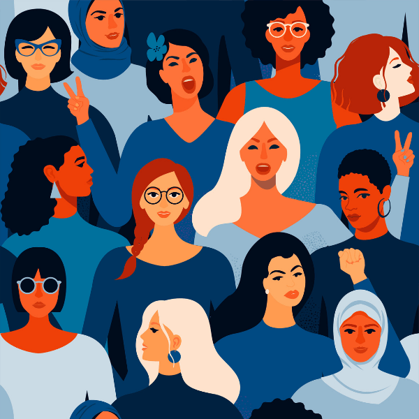 Illustration of many different women wearing different shades of blue shirts.