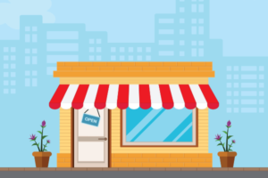 An illustration of a brick and mortar small business store front on a street with an outline of a city skyline in blue behind it.