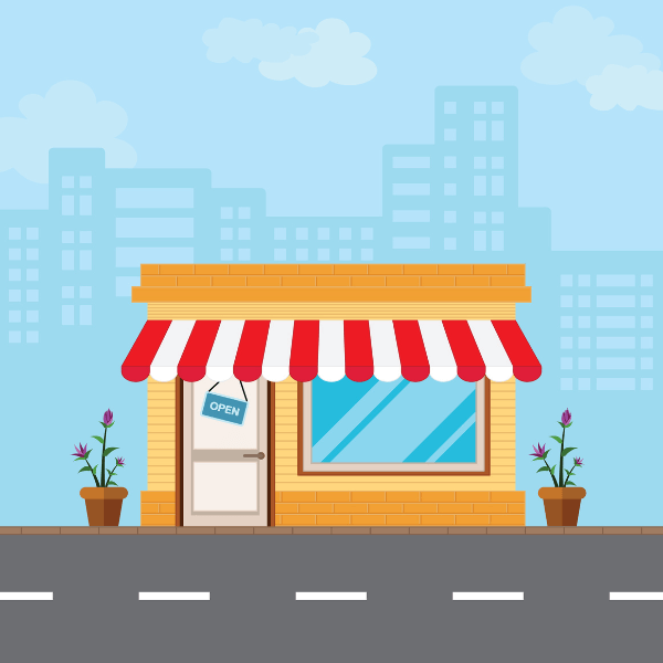 An illustration of a brick and mortar small business store front on a street with an outline of a city skyline in blue behind it.