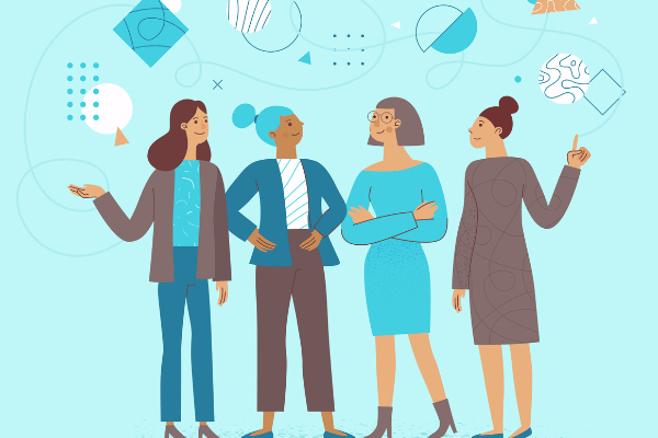 An illustration of four women in business standing and having a conversation against a light blue background.