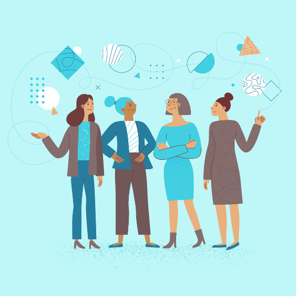 An illustration of four women in business standing and having a conversation against a light blue background.