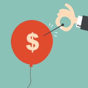 An illustration of a red balloon that is emblazoned with a dollar sign symbol is being popped by a hand holding a needle against a teal background.