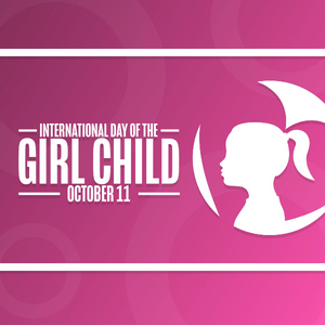 A hot pink background with white text on it reading 'International Day of the Girl Child October 11th' with a silhouette of the profile of a girl next to the text.