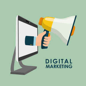 An illustration of a hand holding a megaphone popping out of a computer monitor against a green background, with the text Digital Marketing in dark green lettering to the side.