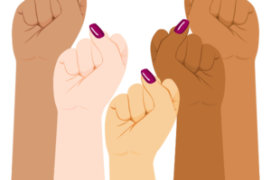 5 fists are held in the air next to each other, varying in skin tones from light to dark, and each hand has red nail polish on the thumbnail.