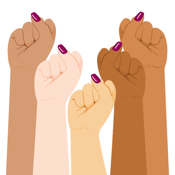 5 fists are held in the air next to each other, varying in skin tones from light to dark, and each hand has red nail polish on the thumbnail.