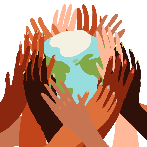5 pairs of hands of various skin tones surrounding an illustration of a globe.