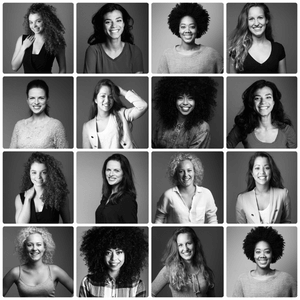 A 4x4 grid collage of 16 black and white photographs of different women of various races and ethnicities. 