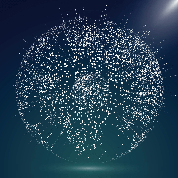 An outline of the globe against a dark blue and green background. Orbes of light represent countries and people on the planet.