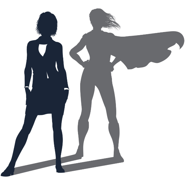 A silhouette of a woman standing against a white background and wearing a skirt and blazer. She is drawn in black and stands in front of an outline of her shadow, which is wearing a superman style cape that is flowing behind her.