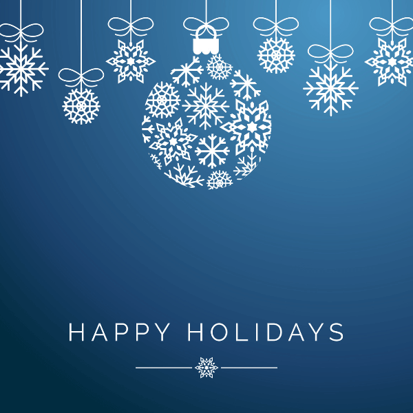 A blue background with white ornaments hanging. They are made out of snowflakes and the text 'Happy Holidays' is written across the blue background.