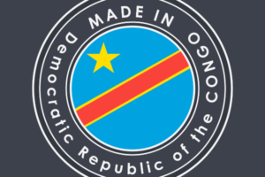 A circular emblem reads 'Made in the Democratic Republic of Congo' on the outer edge, with the center circle depicting the flag of the DRC as a badge. The flag has a blue background with a single yellow star on it and a red stripe running through the center of it.