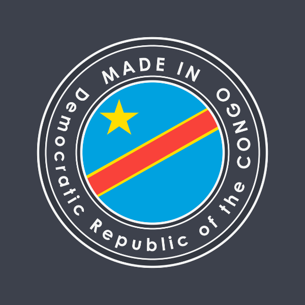 A circular emblem reads 'Made in the Democratic Republic of Congo' on the outer edge, with the center circle depicting the flag of the DRC as a badge. The flag has a blue background with a single yellow star on it and a red stripe running through the center of it.