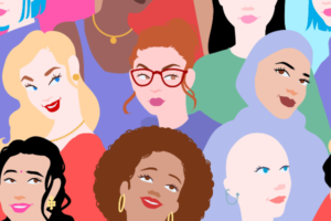 An overlapping collage of illustrations of women, drawn from the neck up. The women have different skin tones, hair styles, and outfits. They are various colors and each one is unique.