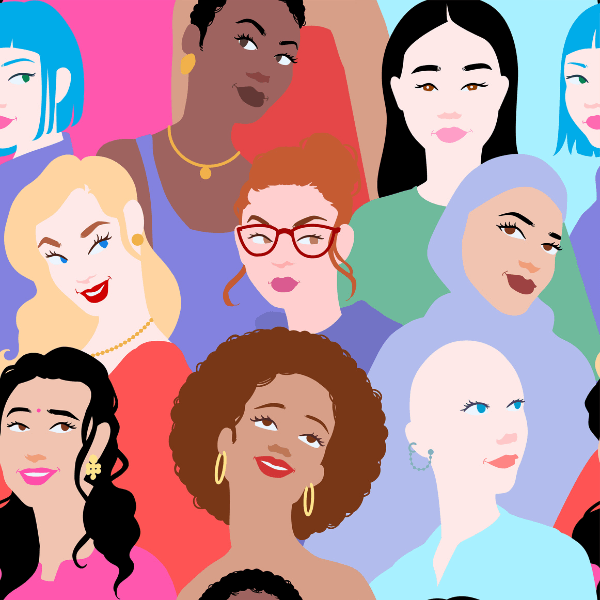 An overlapping collage of illustrations of women, drawn from the neck up. The women have different skin tones, hair styles, and outfits. They are various colors and each one is unique.