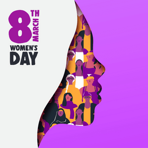 A graphic with a purple background and an illustration of the side profile of a woman. Her hair is white and the text "March 8th Women's Day" is written on her hair in purple and black text. Her face is made up of a collage of drawings of women, in the colors purple, white, black, and gold.
