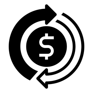 A black and white graphic of a dollar sign with two arrows circling it. 