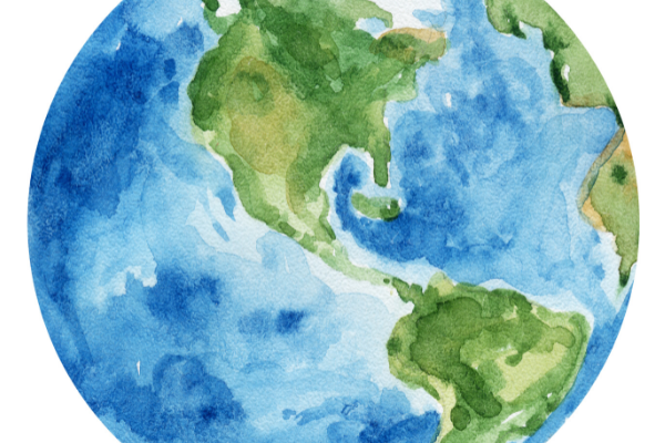 A green and blue water color illustration of an aerial view of planet Earth.
