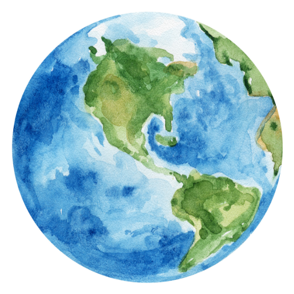 A green and blue water color illustration of an aerial view of planet Earth.