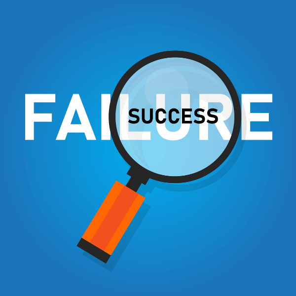 A blue background with the text 'FAILURE" written in white block letters. A magnifying glass with a red handle is held up to the word, and inside the lens, the text "success" is written in black lettering.