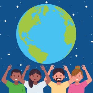 An illustration of a dark blue background with white stars throughout it. 4 people with different skin tones, hair styles, and shirt colors stand next to each other with their arms above their heads. They are beneath and blue and green drawing of an aerial view of planet Earth.