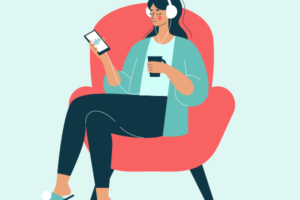 An illustration of a woman sitting in an orange chair, wearing headphones, holding her smart phone, and holding a cup of coffee.