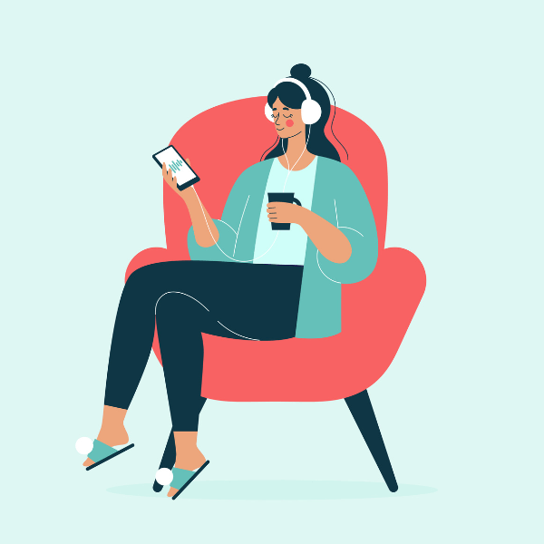 An illustration of a woman sitting in an orange chair, wearing headphones, holding her smart phone, and holding a cup of coffee.