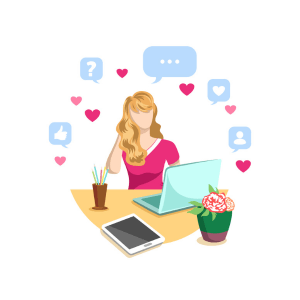 An illustration of a blonde woman sitting at a desk and starting at a light blue laptop. There are cartoon symbols of notifications in a semi-circle framing her head. 