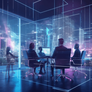 An illustration in the colors of blue, navy blue, black, purple, and white of people sitting and working at laptop computers. The walls between them are transparent and look like the inside of an electronic device. 