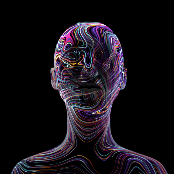 An outline of an AI human figure against a black background. There are colorful stripes covering their head in a pattern.
