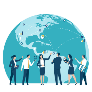 An illustrated graphic of a globe. The globe is turquoise and there are 6 people in formal business clothing standing around the globe and having a discussion. 