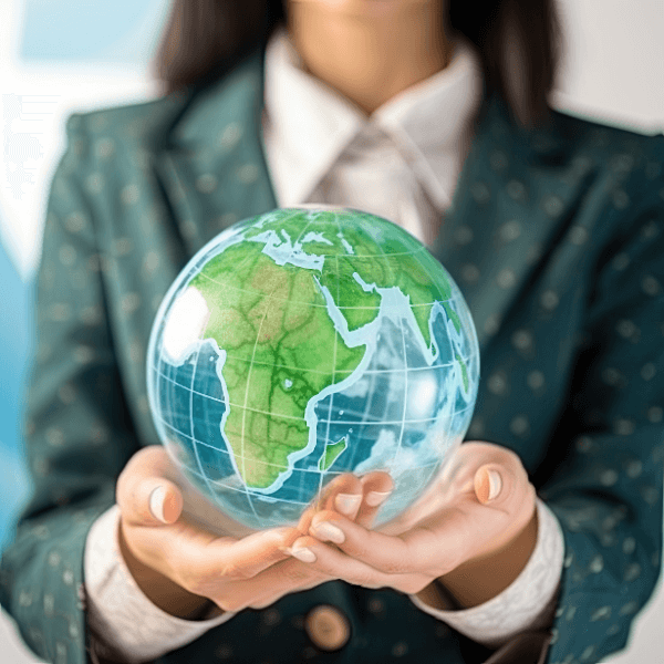 A woman wearing a green blazer and a white button down shirt is out of focus. She holds a globe in the palm of both of her hands, and her face is not in the frame. She has brown hair.