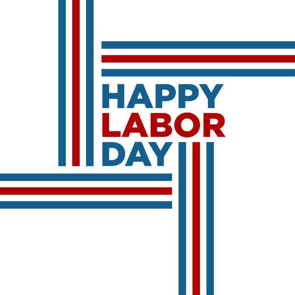 A graphic of a white background with the text 'Happy Labor Day' written in red and blue letters. There are red and blue stripes forming a square around the text.