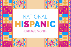 A blue, yellow, and hot pink graphic that reads the text "National Hispanic Heritage Month."