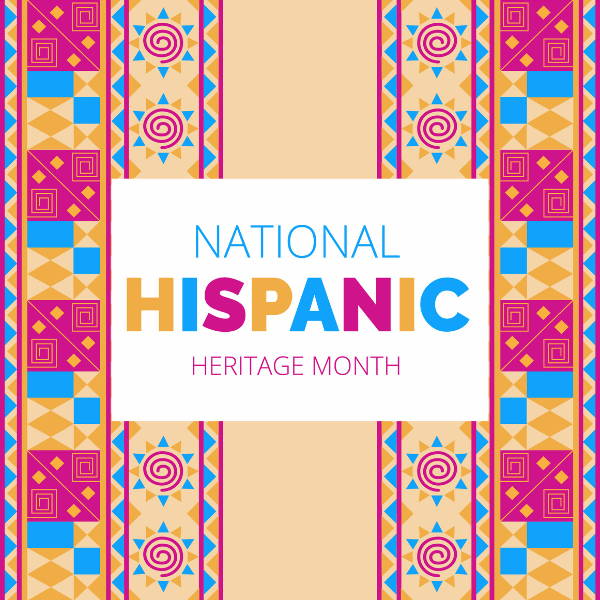 A blue, yellow, and hot pink graphic that reads the text "National Hispanic Heritage Month."