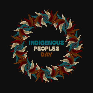 A black graphic with the text "Indigenous Peoples Day" in the center, and a wreath of feathers surround it in a circle.