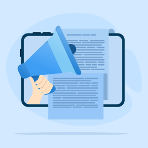 A blue digital illustration of a hand holding a megaphone in front of a press release document.