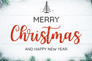 The text "Merry Christmas and happy new year" is written against a white background, and there is a border of evergreen branches and pinecones surrounding the text.