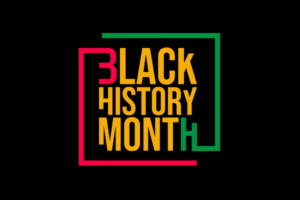The text "Black History Month" written in yellow, green, and red letters against a black background.