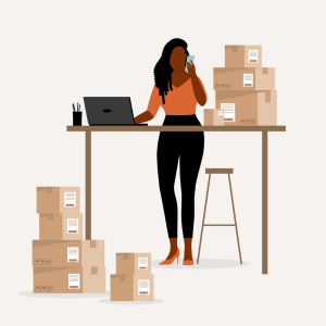 Illustrated graphic of a woman at a standing desk using a laptop while talking on a cellphone. There are packages and boxes, with shipping labels adhered to them, stacked up in piles. 